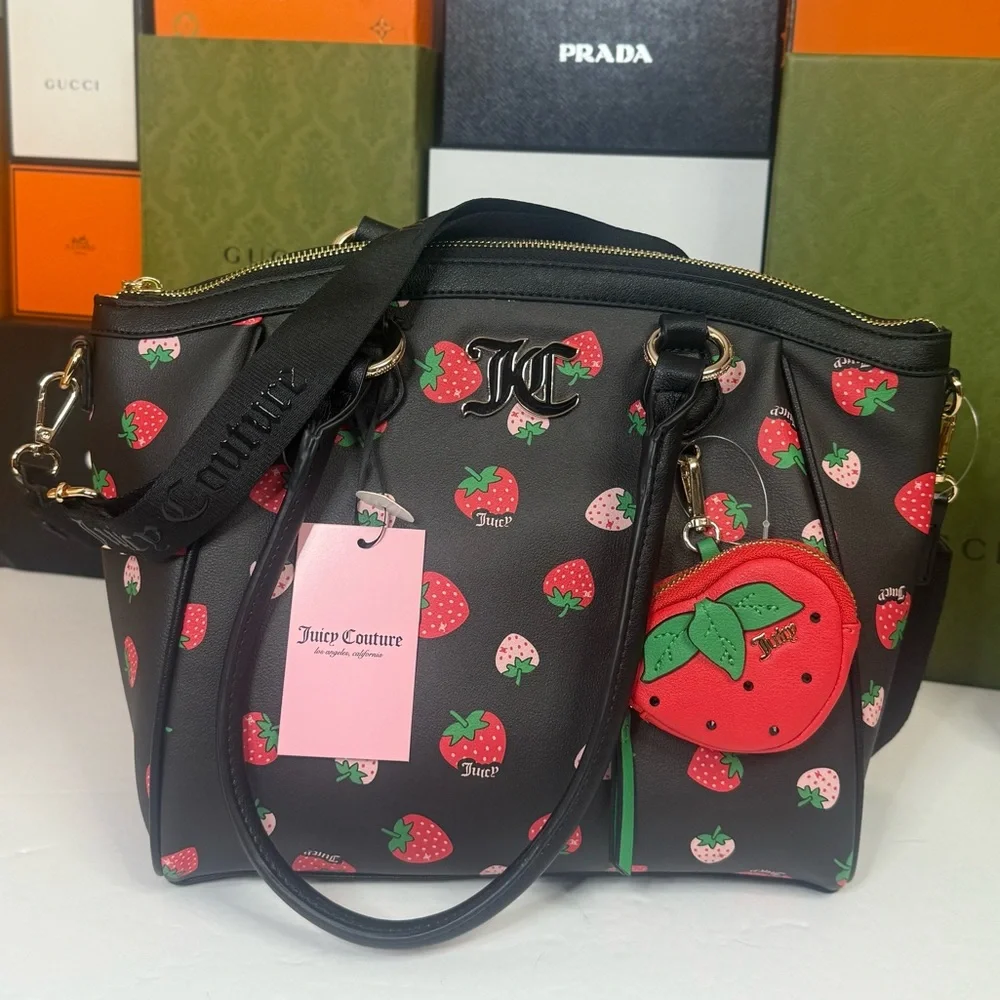 ๐JUICY COUTURE Black and Red Satchel with Strawberry Charm - Picture 4 of 16